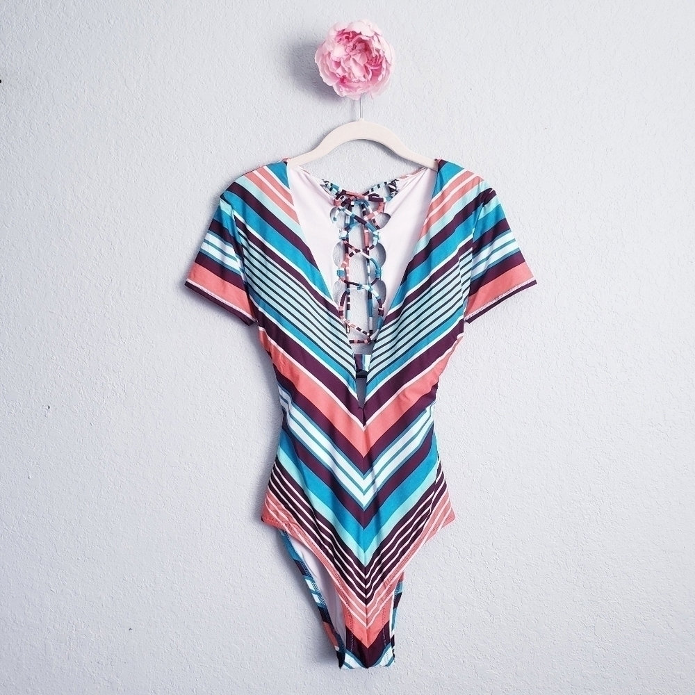 Laundry By Shelli Segal Multicolor Striped Lace Up Back One Piece Swimsuit